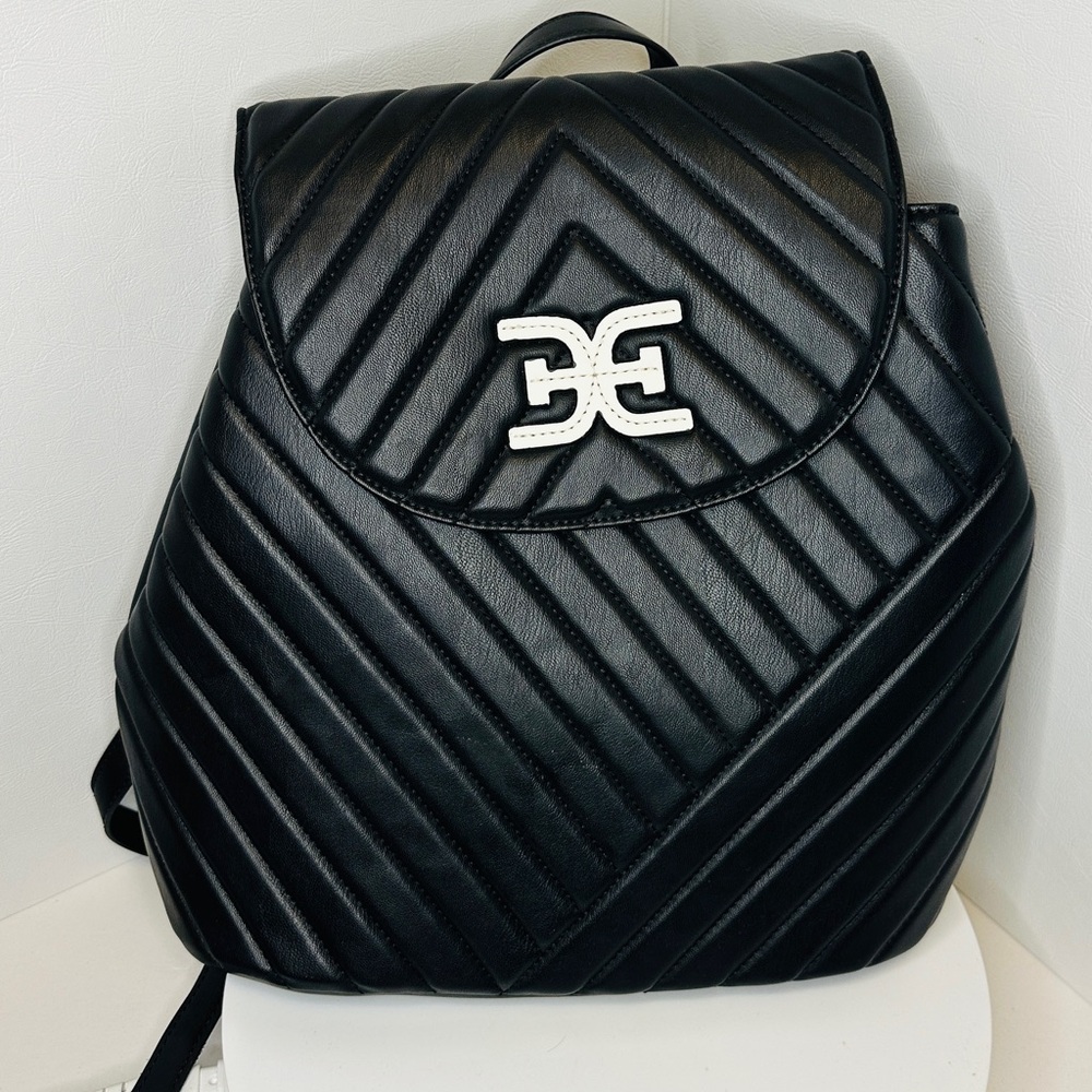 SAM EDELMAN Black and White Martha Chevron Quilted Flap Backpack Purse Bag